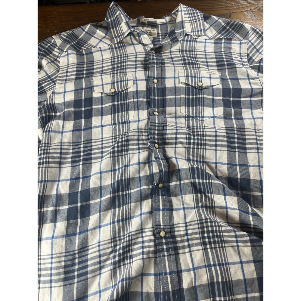 Lucky Brand Long Sleeve Pearl Snap Western Shirt Mens Plaid Blue White Size XL